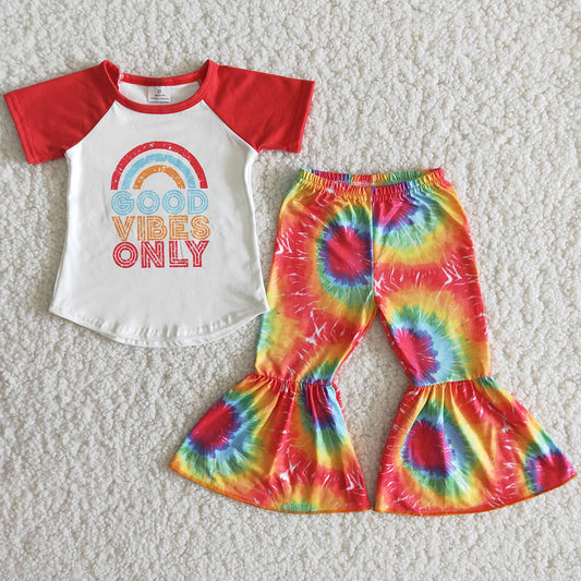 RTS Baby Girls Clothing Short Sleeve Tie Dye Bell Bottom Pants Kids Boutique Outfits Toddler Girl Clothes Sets B14-15
