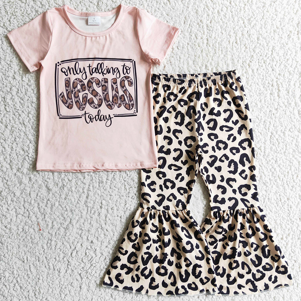 Fashion Baby Girls Clothes Jesus Short Sleeve Top Lepard Bell Pants Set GSPO0226