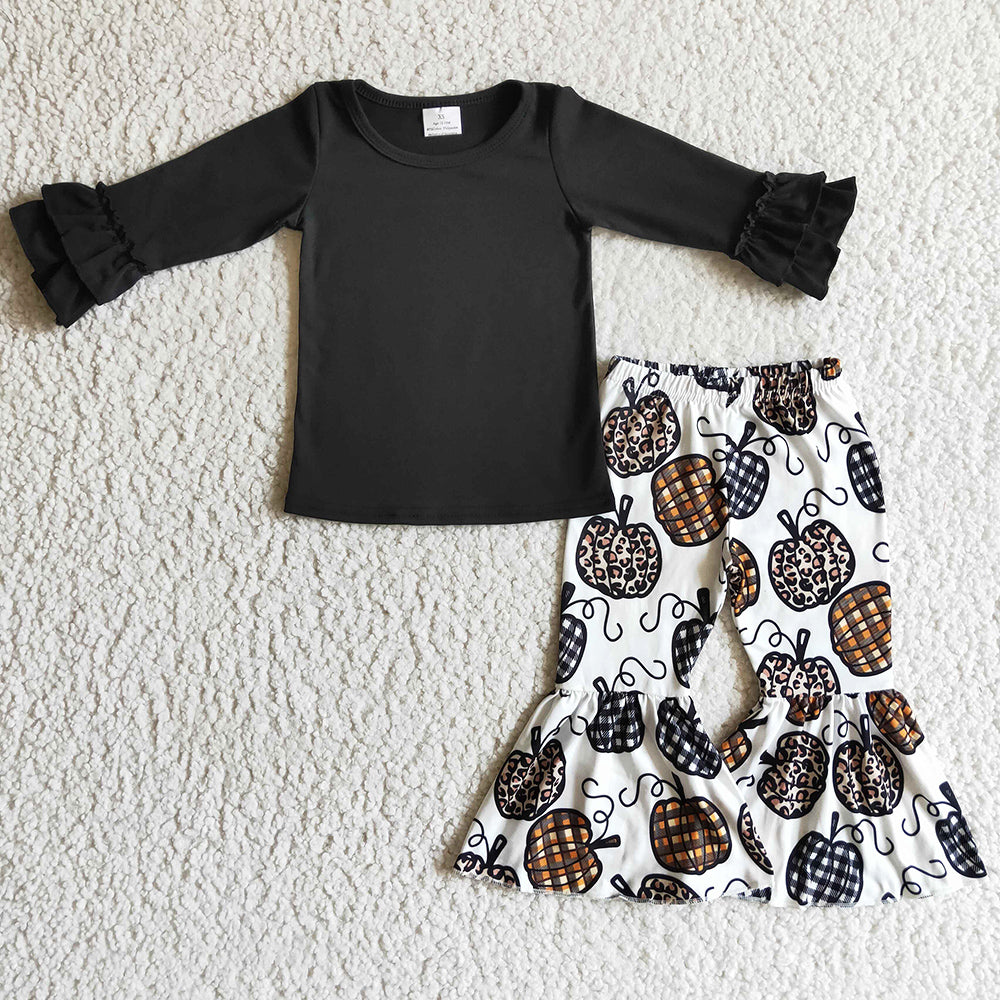 Pumpkin Print Halloween Girls Clothing Black Top Bell Bottom Outfits GLP0263