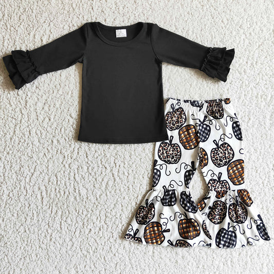 Pumpkin Print Halloween Girls Clothing Black Top Bell Bottom Outfits GLP0263