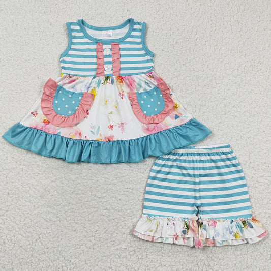 Baby Girls Clothing Summer Blue Stripe Flowers Tunic Ruffle Shorts Sets GSSO0240 6.28