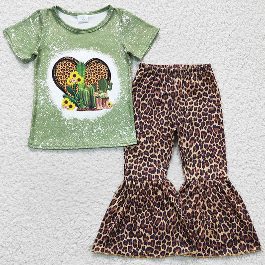 Fashion Baby Girl Clothes Leopard Bell Pants Set Cactus Print Love Girls Outfits GSPO0323