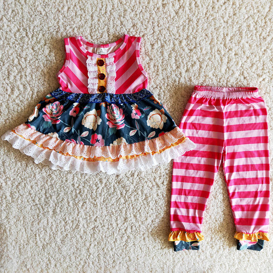 RTS Baby Girls Clothes Flower Sleeveless Top Tunic Stripe Leggings Girls Boutique Outfits Fashion Toddler Girl Clothes Dress Set C6-14