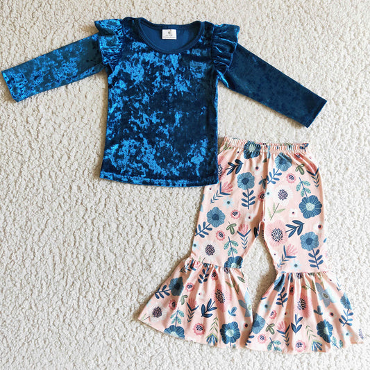Boutique Girls Clothes Velvet Top Flower Print Bell Bottom Outfits GLP0220 11.3