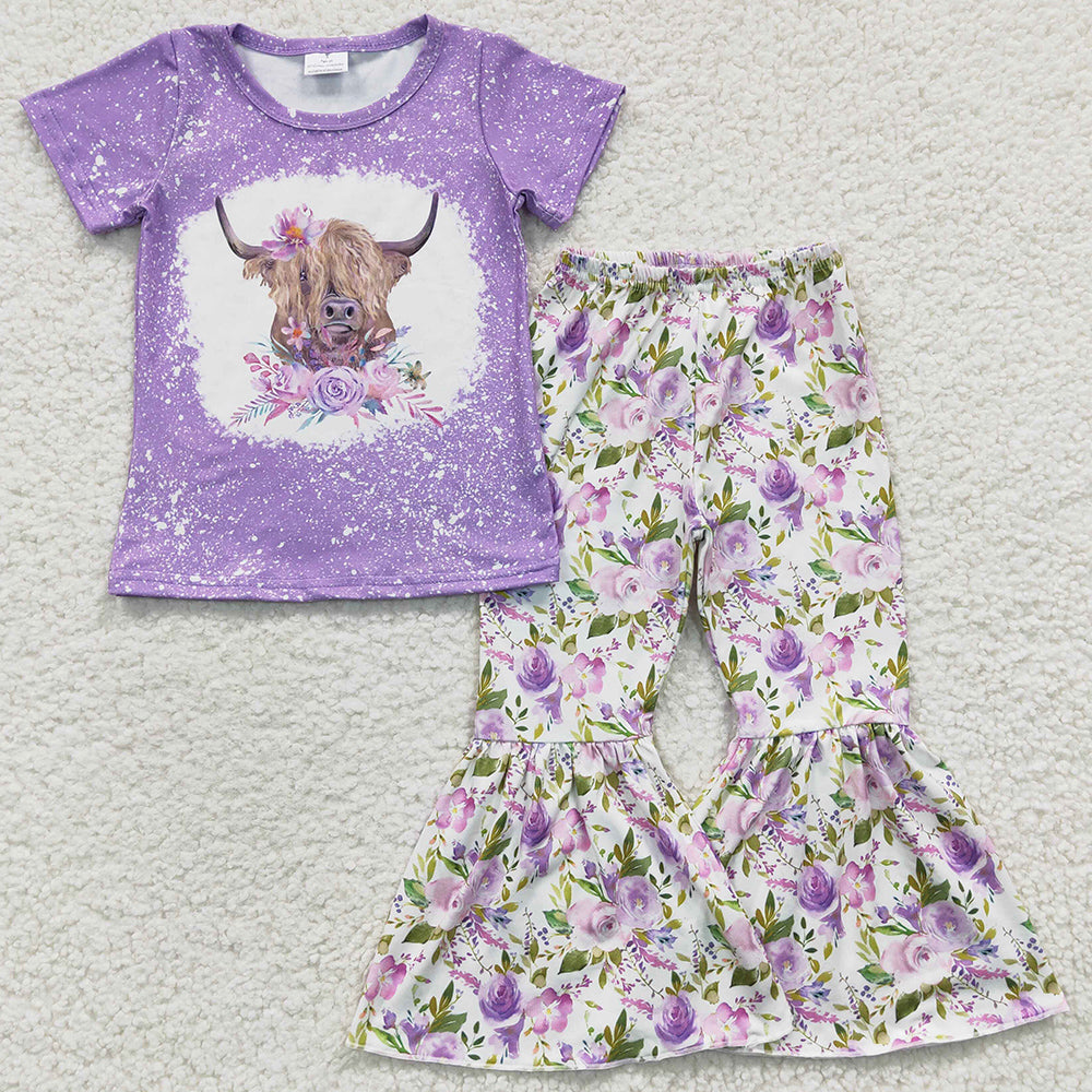 Cow Print Fashion Girls Clothes Flower Print Spring Baby Girls Bell Bottoms Outfits GSPO0264