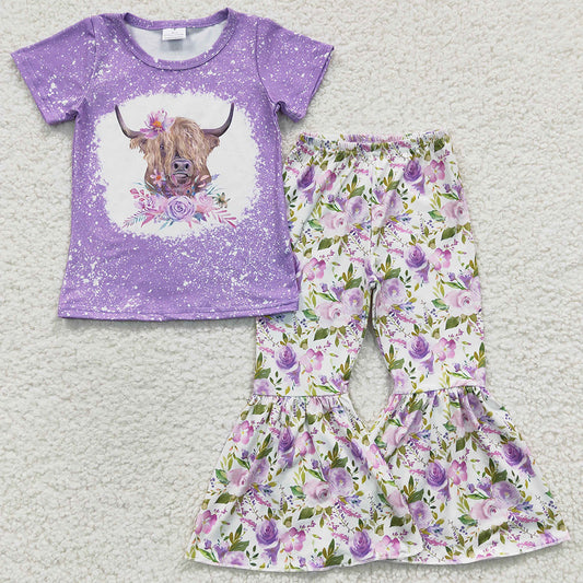 Cow Print Fashion Girls Clothes Flower Print Spring Baby Girls Bell Bottoms Outfits GSPO0264