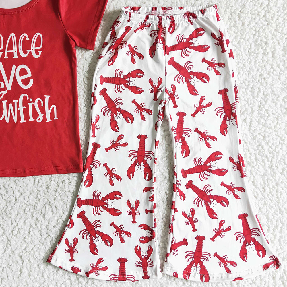 RTS Wholesale Baby Girls Clothes Lobster Cute Toddler Girl Clothes Peace Love Crawfish Kids Girls Boutique Clothing Outfits New B16-25