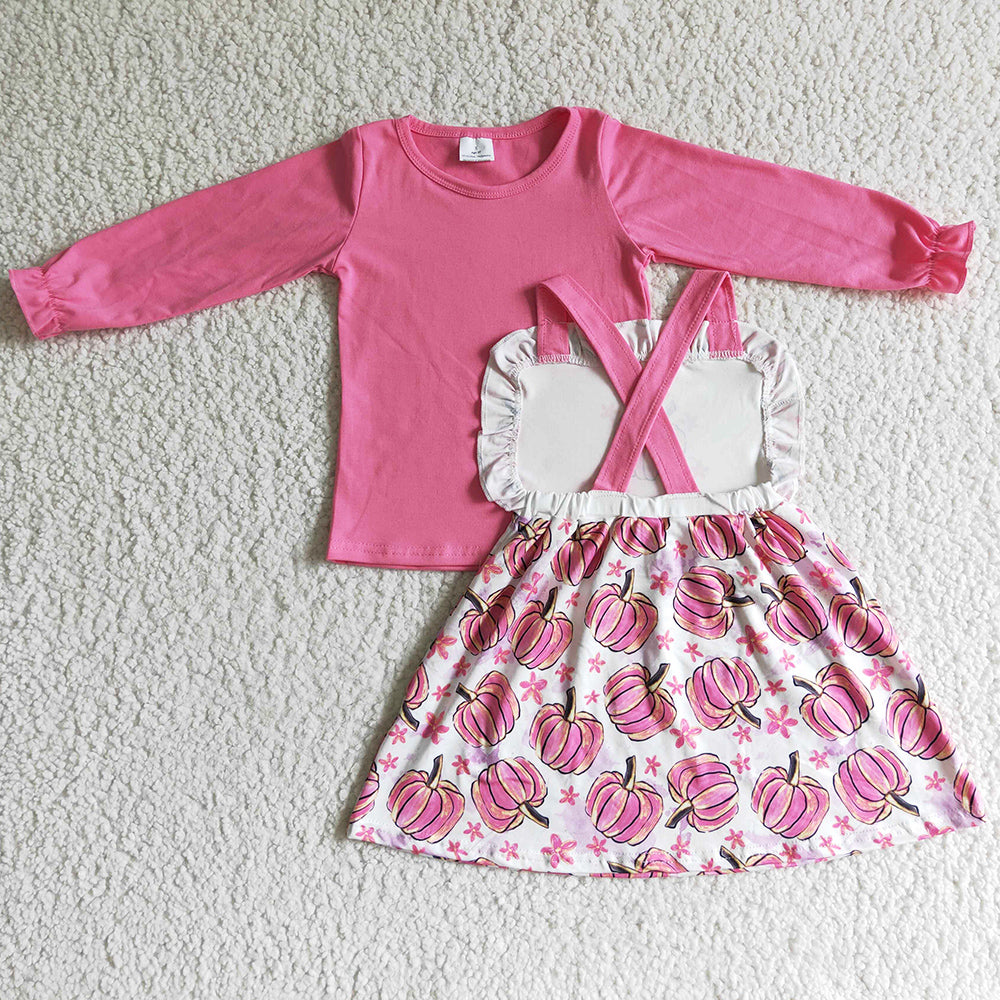 Pink Pumpkin Print Boutique Baby Girl Clothes Suspender Dress Halloween Outfits GLD0032