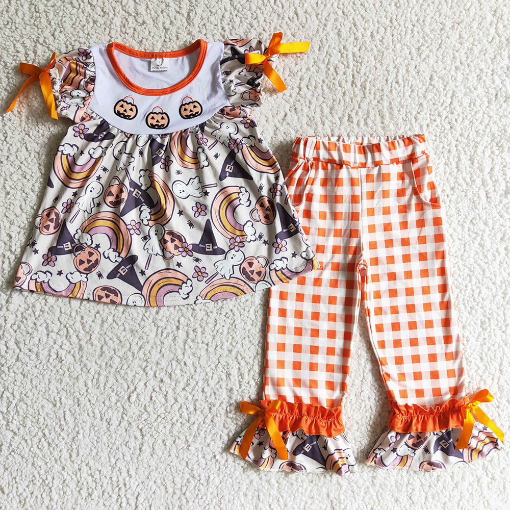 New Design Boutique Toddlers Girls Clothes Halloween Pumpkin Embroidery Set GSPO0176