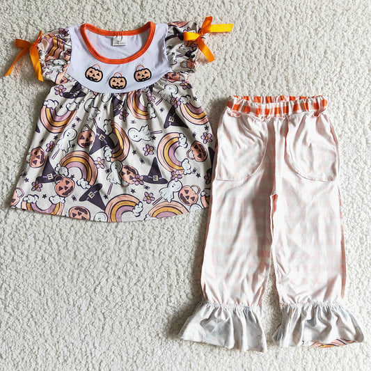 New Design Boutique Toddlers Girls Clothes Halloween Pumpkin Embroidery Set GSPO0176
