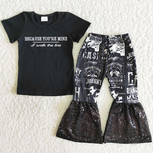 New Fashion Baby Girls Designer Clothes Black T-shirt Sequins Bell Bottom Pants Girls Boutique Outfits Toddler Girl Clothes Set C6-13
