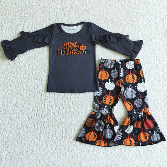 Halloween Toddler Girls Clothes Pumpkin Long Sleeve Ruffle Top Bell Pants Set GLP0178 9.8