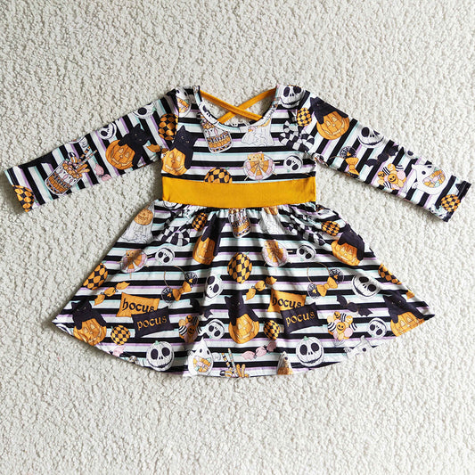 Halloween Pumpkin Print Girls Dress Fall Long Sleeve Twirl Dresses GLD0105 9.5