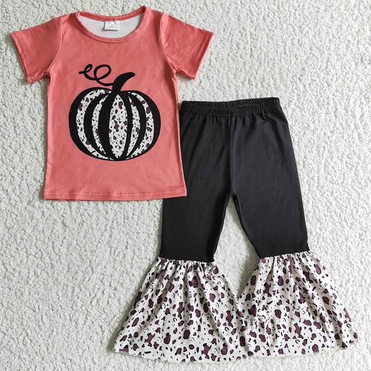 New Design Baby Girl Clothes Fall Leopard Pumpkin Print Halloween Kids Clothing Set GSPO0190