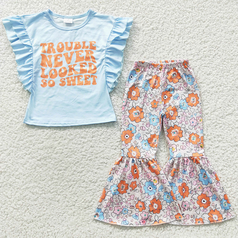 Hot Sale Baby Girl Clothes Flower Bell Bottoms Set GSPO0539