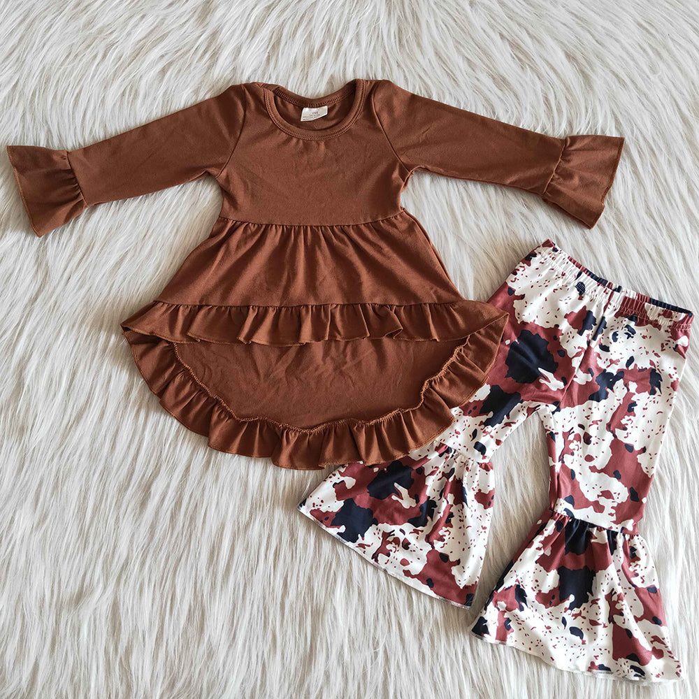 Hot Sale Baby Girls Clothes Set Cow print Brown Fashion Toddler Girls Clothing Bell Bottom Outfits 6 B4-19