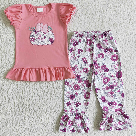 Pink Girls Clothing Set Halloween Pumpkin Embroidery Boutique Baby Girl Clothes GSPO0191