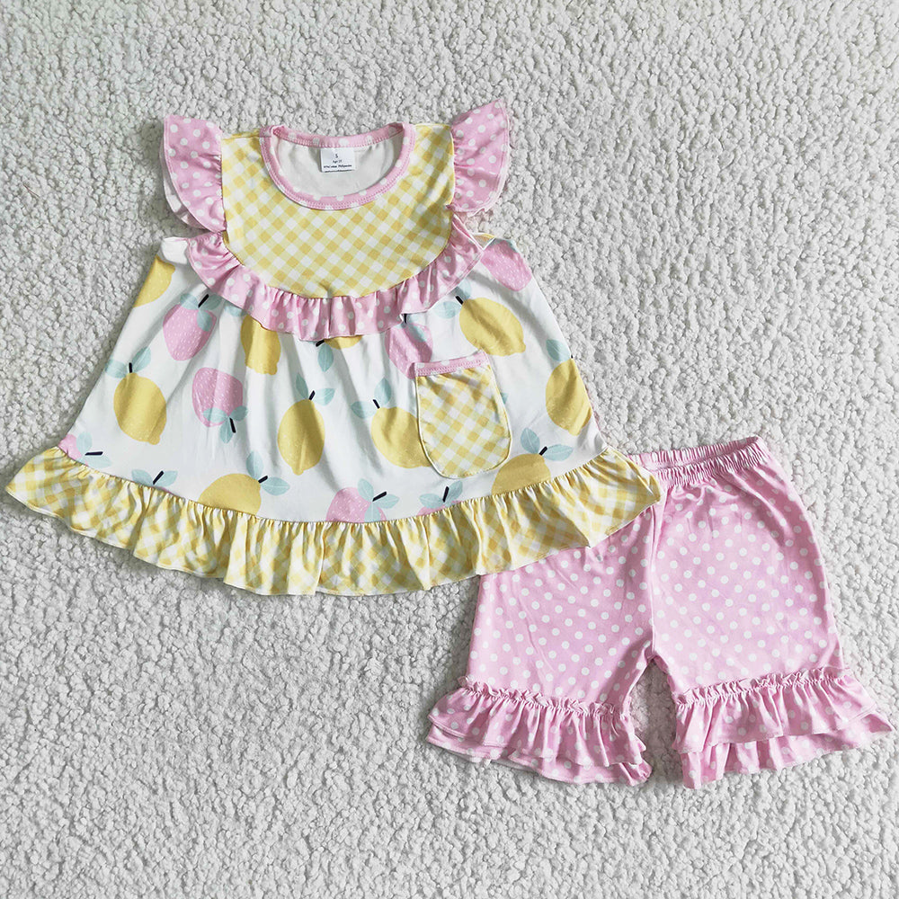 New Fashion Baby Girl Clothes Set Peach Print Cute Little Girls Summer Clothing GSSO0073
