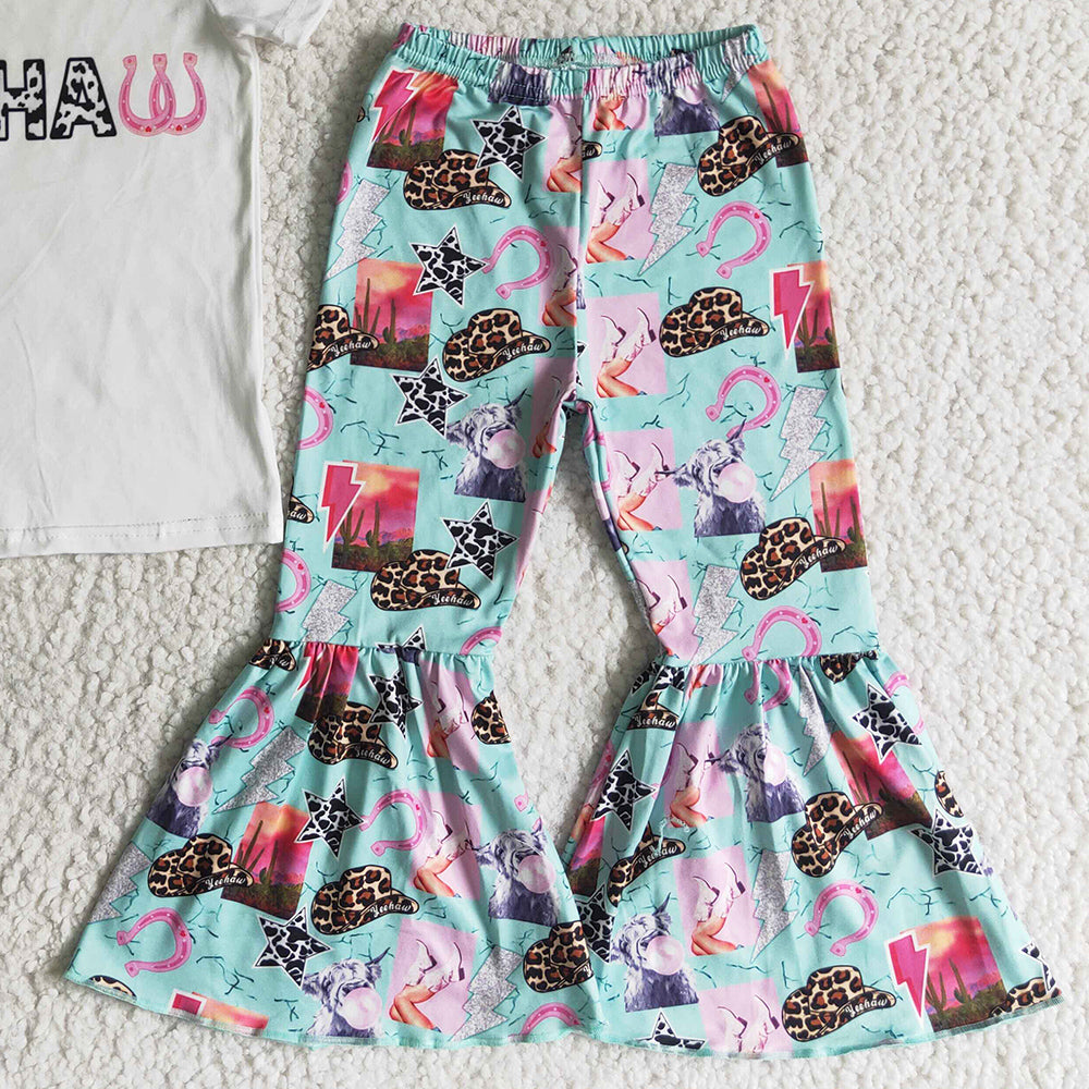 Wholesale Baby Girl Clothes Kids Summer Clothes Outfits Short Sleeve Letter T-shirt Bell Bottom Pants Set GSPO0032