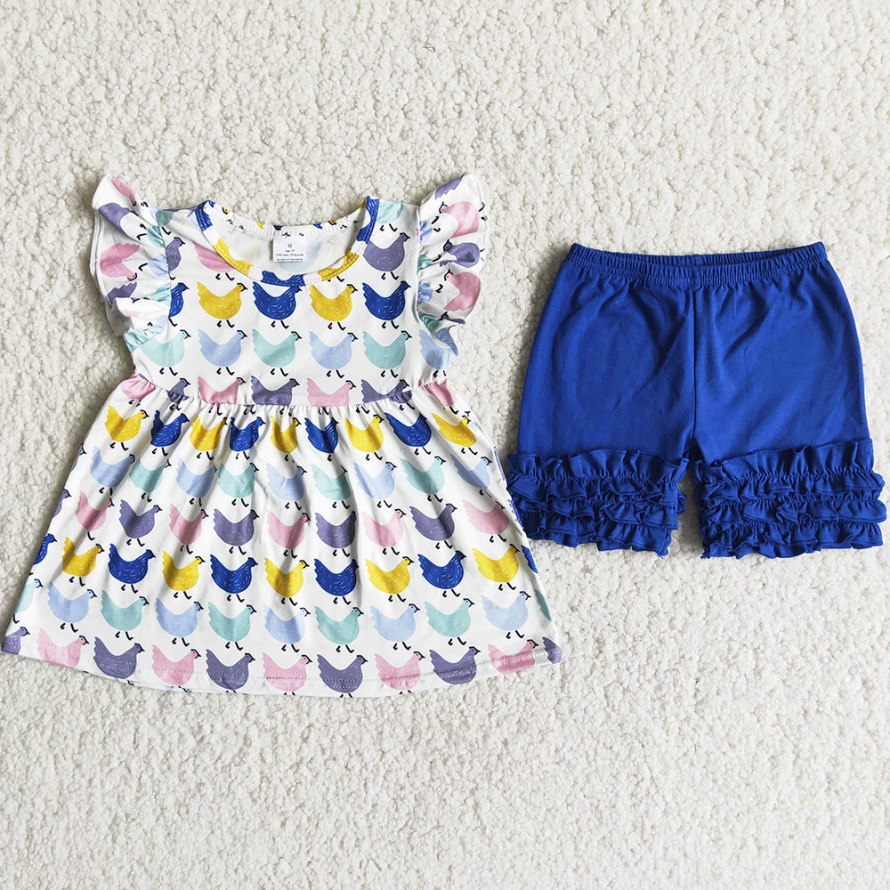 Kid Baby Girls Ruffles Tops Short Sleeve Shorts Chicken Summer Outfits Set A10-11 4.18