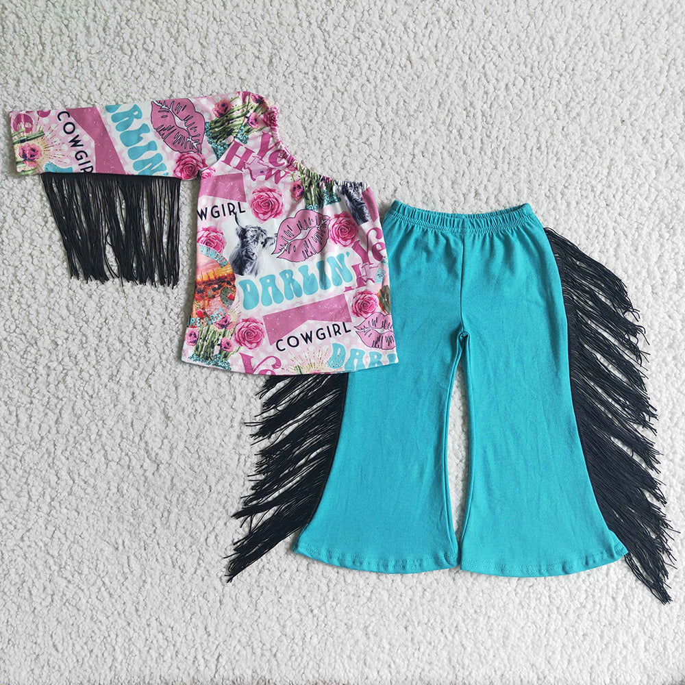 Western Style Fashion Girls Clothing Tassel Design Baby Kids Clothing Set GSPO0141