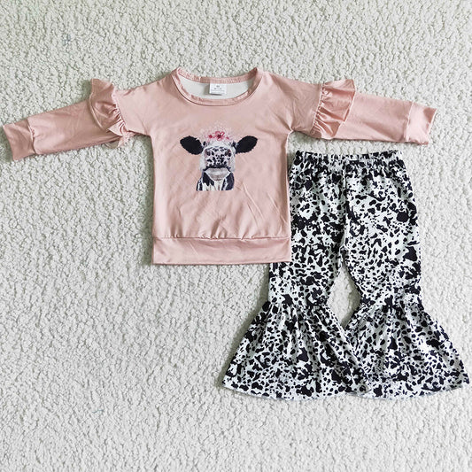 New Design Baby Girls Clothes Cow Print Long Sleeve Bell Bottom Outfits Fall GLP0054