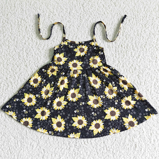 Hot Sale Baby Girl Designer Clothes Boutique Toddler Girls Dress Sunflower Print Cute Girls Dresses Wholesale GSD0036