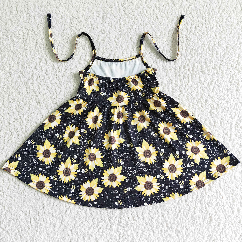 Hot Sale Baby Girl Designer Clothes Boutique Toddler Girls Dress Sunflower Print Cute Girls Dresses Wholesale GSD0036