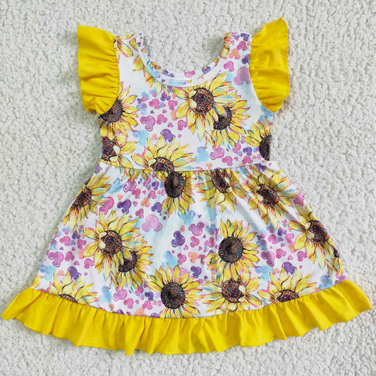 New Fashion Baby Girls Dress Sunflower Print Cute Girls Summer Dresses Short Sleeve GSD0071