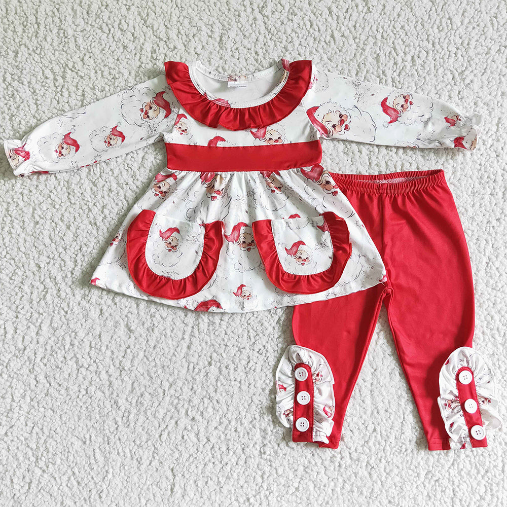 Hot Sale Baby Girls Clothing Christmas Children Outfits with Pocket Santa Claus Print GLP0050