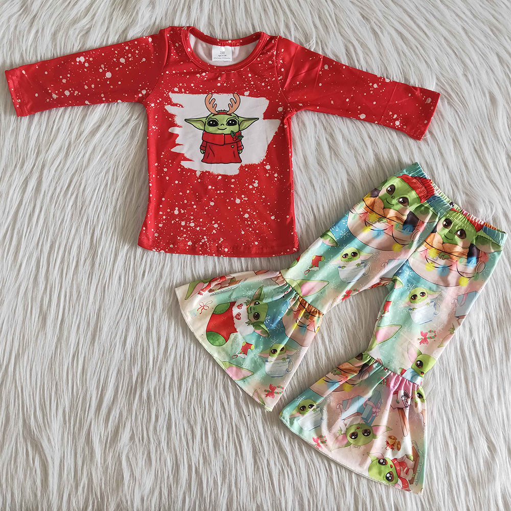 Toddler Baby Girls Clothes Cartoon Print Cute Girls Clothing Christmas Kids Bell Bottom Pants Outfits 6 A33-27 11.19