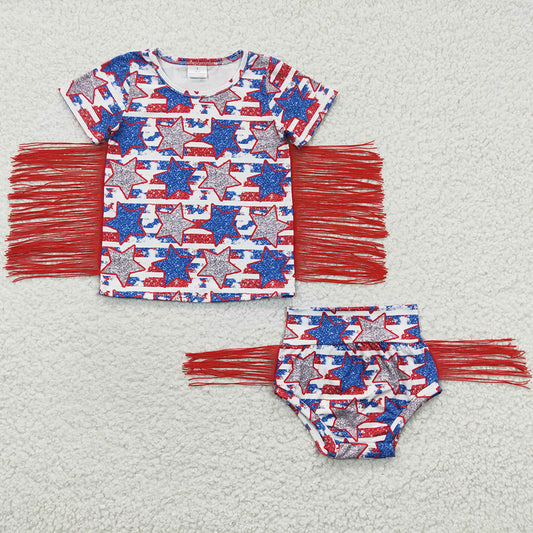 Baby Girls Clothes Bummies Star Tassel 4th Of July Bummie Sets GBO0082