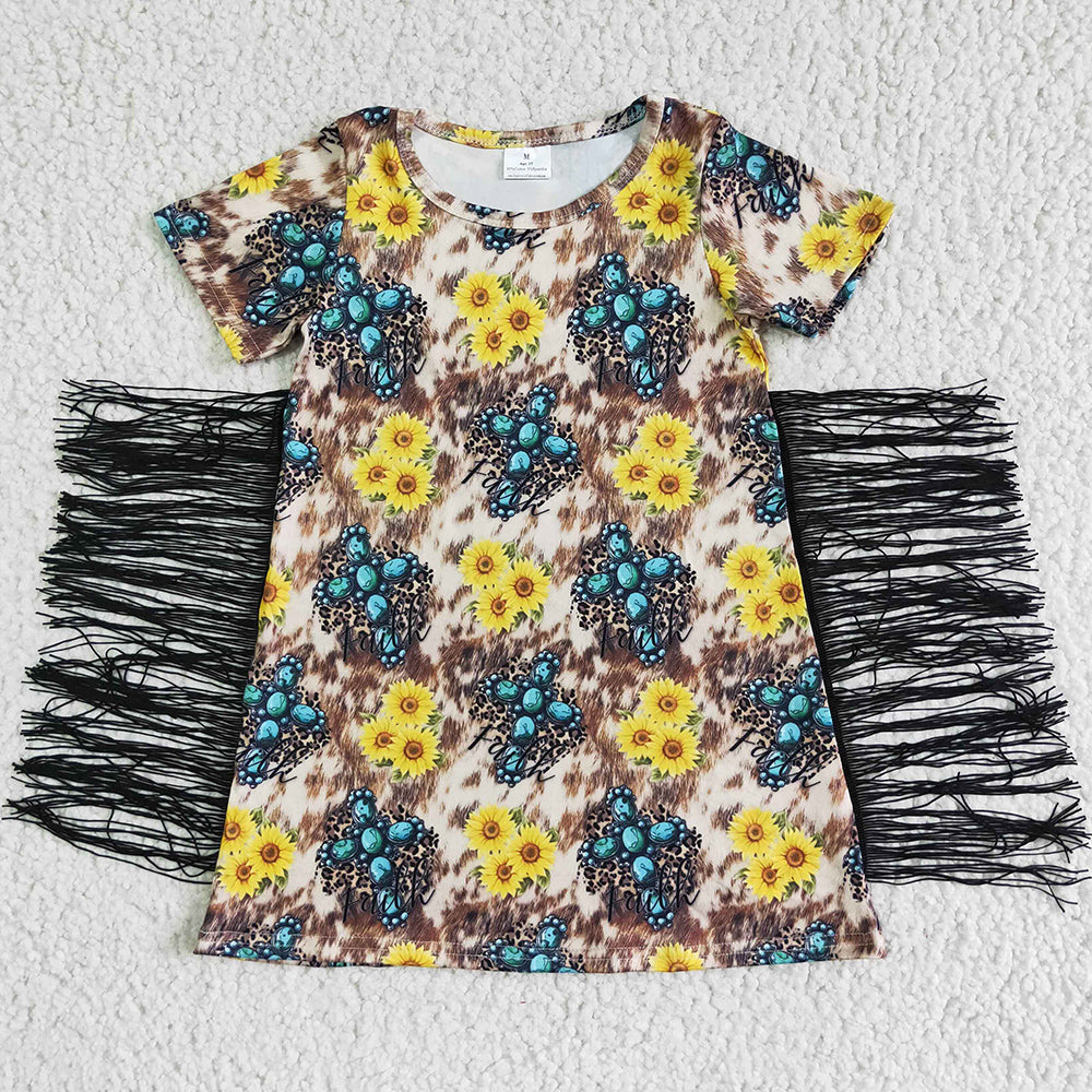 Western Style Fashion Baby Girl Dress Sunflower Cute Toddler Girls Dress Boutique Dresses with Tassel GSD0056