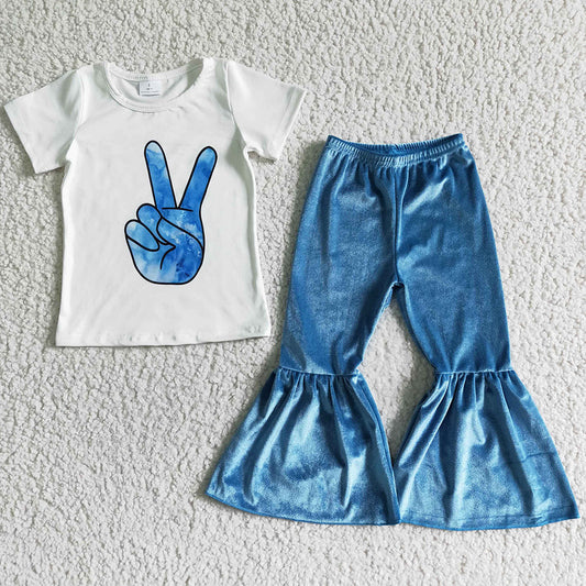 Hot Sale Baby Girl Clothes Short Sleeve Velvet Bell Bottom Outfits B8-16