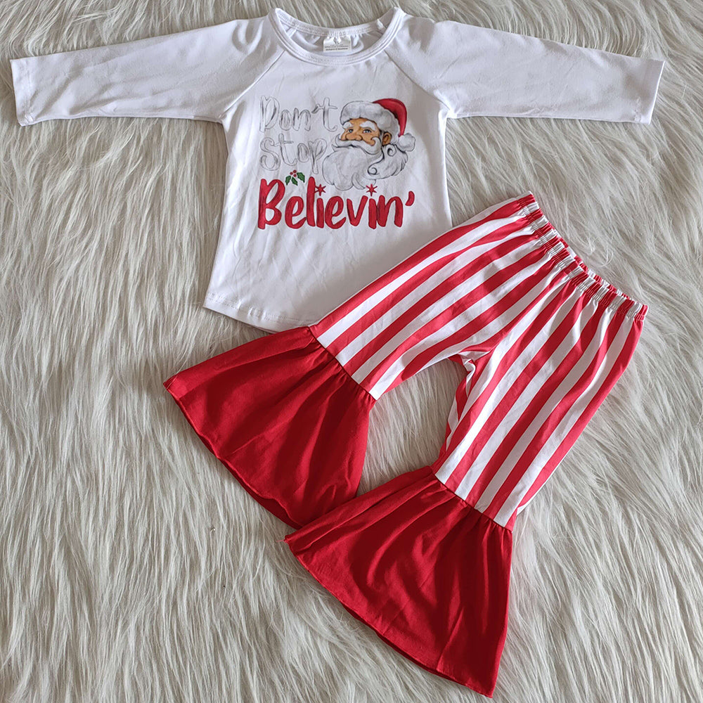 Fashion Kids Designer Clothes Girl Stripe Bell Pants Set Santa Claus Print Cute Christmas Baby Girls Clothing Boutique Kids Outfit 6 A19-30