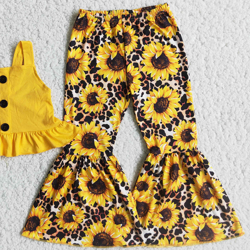 New Design Kids Designer Clothes Girl Sunflower Bell Bottom Pants Sets Fashion Baby Girls Clothes Boutique 2pcs Outfit Wholesale C8-22