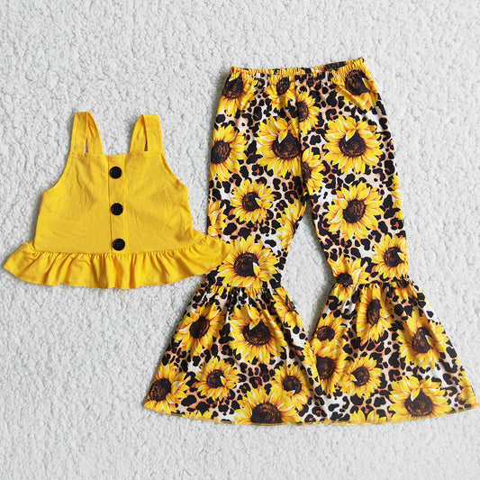 New Design Kids Designer Clothes Girl Sunflower Bell Bottom Pants Sets Fashion Baby Girls Clothes Boutique 2pcs Outfit Wholesale C8-22