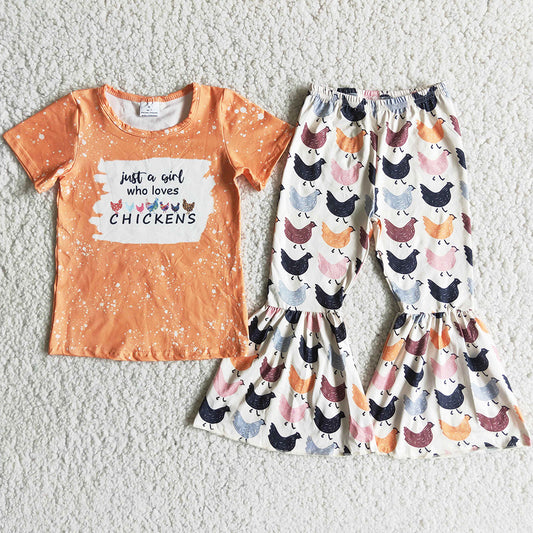 Baby Girls Clothes Spring Summer Toddler Girls Clothing Bell Sets Girls Loves Chicken Boutique Kids Clothing A2-9
