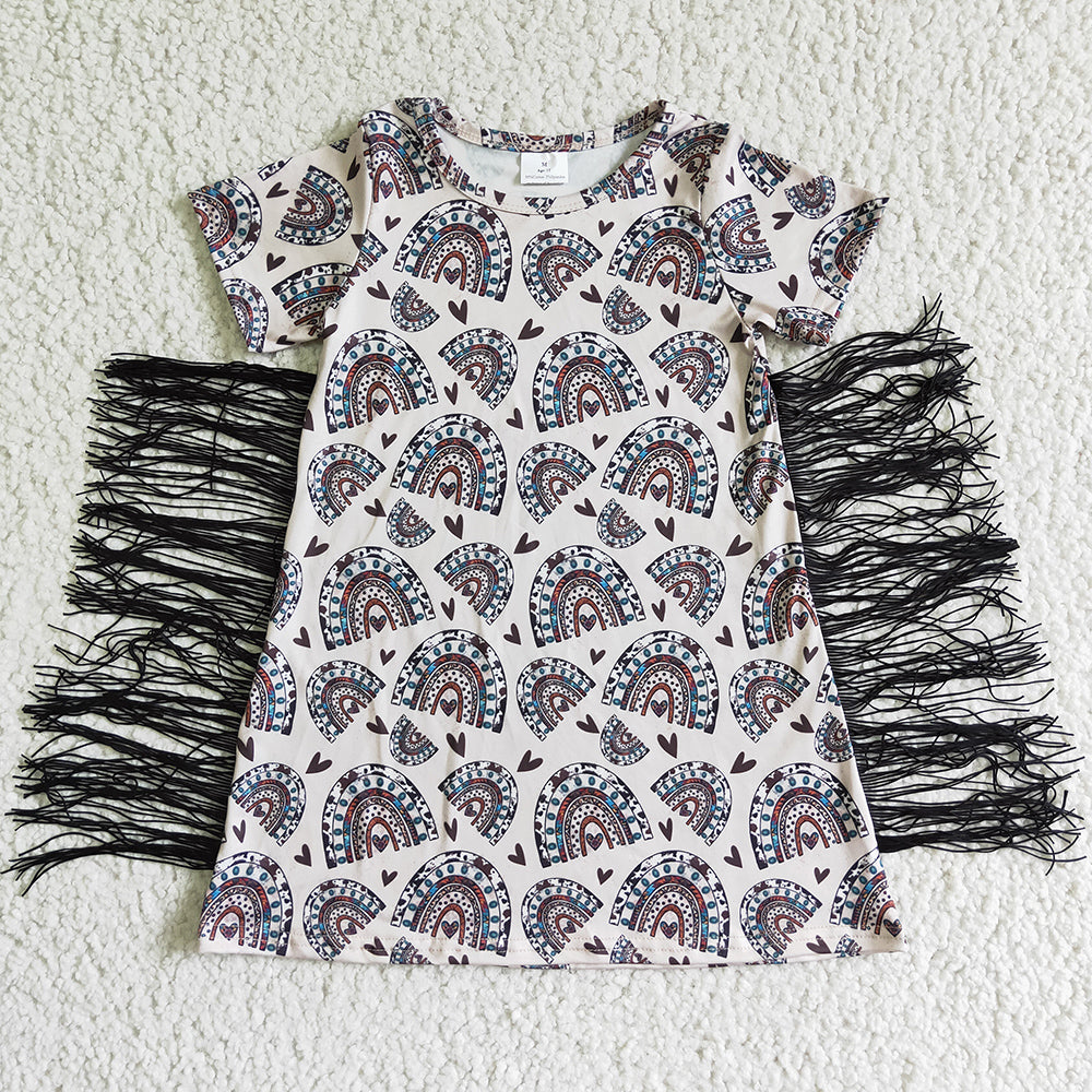 Boutique Baby Girl Tassel Dress Rainbow Print Cute GSD0101