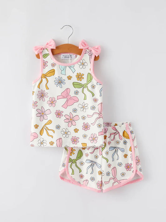 Preorder moq 5 Baby Girls Pink Bows Top Shorts Outfits Clothes Sets 4.23