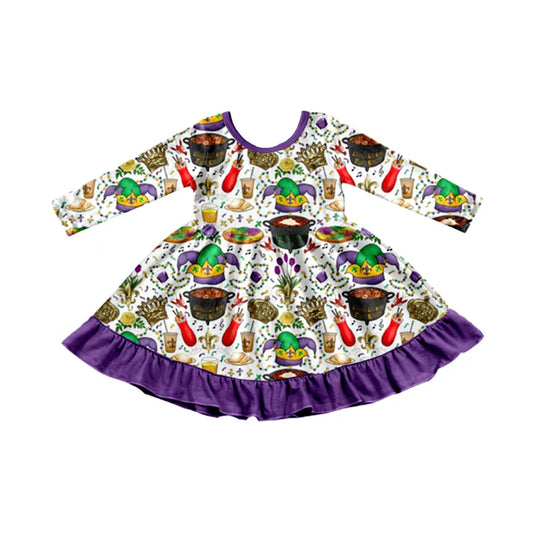 Preorder (moq 8)Baby Girls Anchors Foots Mardigras Purple Ruffle Knee Length Dresses 9.17