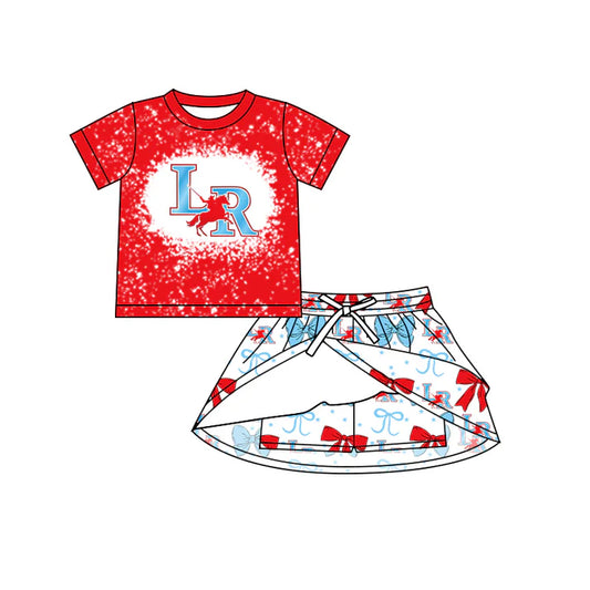 Preorder (moq 5)Baby Girls LR Red Blue bows team Top Skirt Skort Sets 6.20