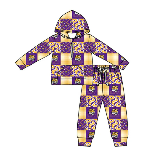 Preorder (moq 5)Baby Boys Camo LSU Tigers Checked Zipper Pockets Hoodies Pants Team Clothes Sets 11.27