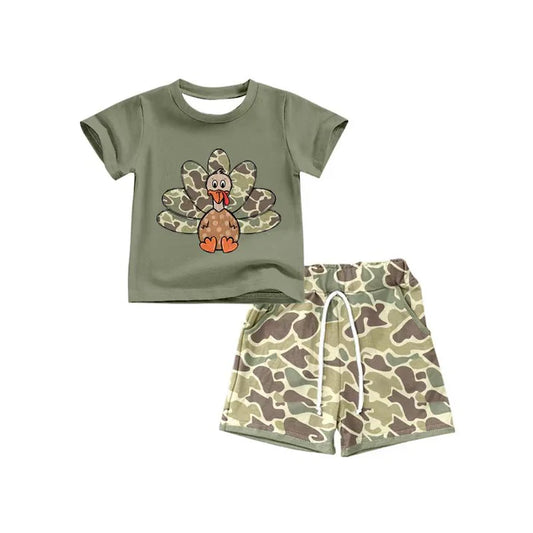 Preorder(moq 5) Baby Boys Green Thanksgiving Turky camo Top Shorts Outfits Sets 8.14