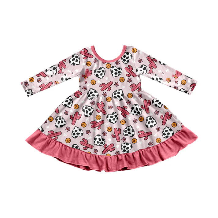Preorder (moq 8)Baby Girls Pink Cactus Flowers Cow Print Hearts Ruffle Knee Length Dress 9.17