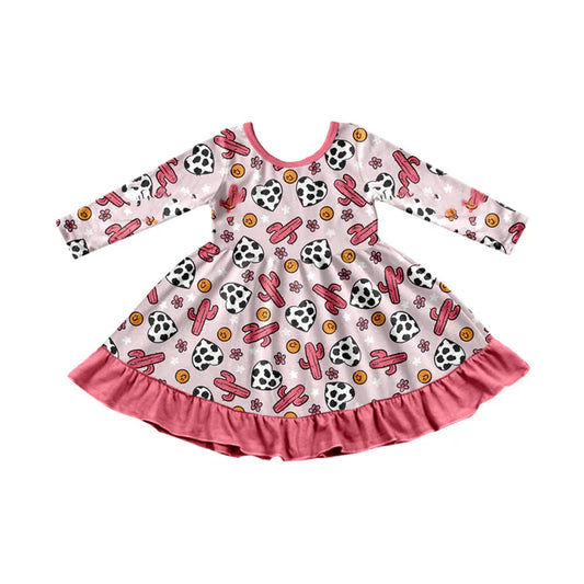 Preorder (moq 8)Baby Girls Pink Cactus Flowers Cow Print Hearts Ruffle Knee Length Dress 9.17