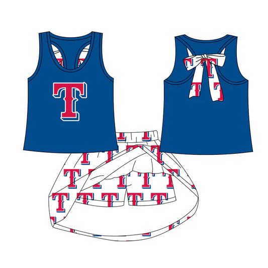 Preorder (moq 5)Baby Girls Texas Blue bow vest team Top Skirt Skort Sets 7.21