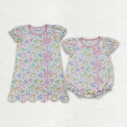 Sibling Baby Girls Short Ruffle Sleeve Colorful Bows Scallop Knee Length Dress Rompers