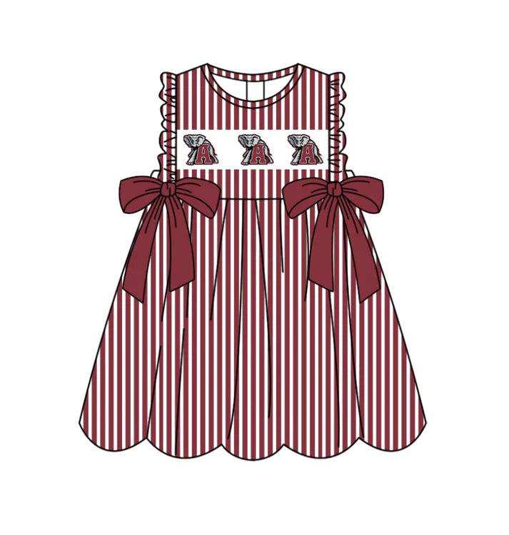 Preorder (moq 5)Baby Girls Sleeveless Dark Red Stripe A Elephants Bows Team Knee Length Dresses 11.25
