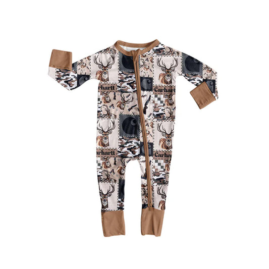 Preorder moq 5 Baby Infant Boys Long Sleeves Khaki Deer Camo Western Zipper Romper 7.12
